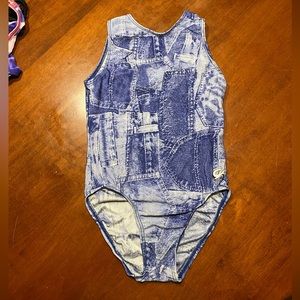 GK Elite denim print gymnastics leotard